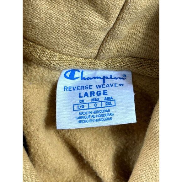 Champion Reverse Weave Mustard Yellow Hoodie Logo on Hood Mens Size Large - Picture 9 of 10